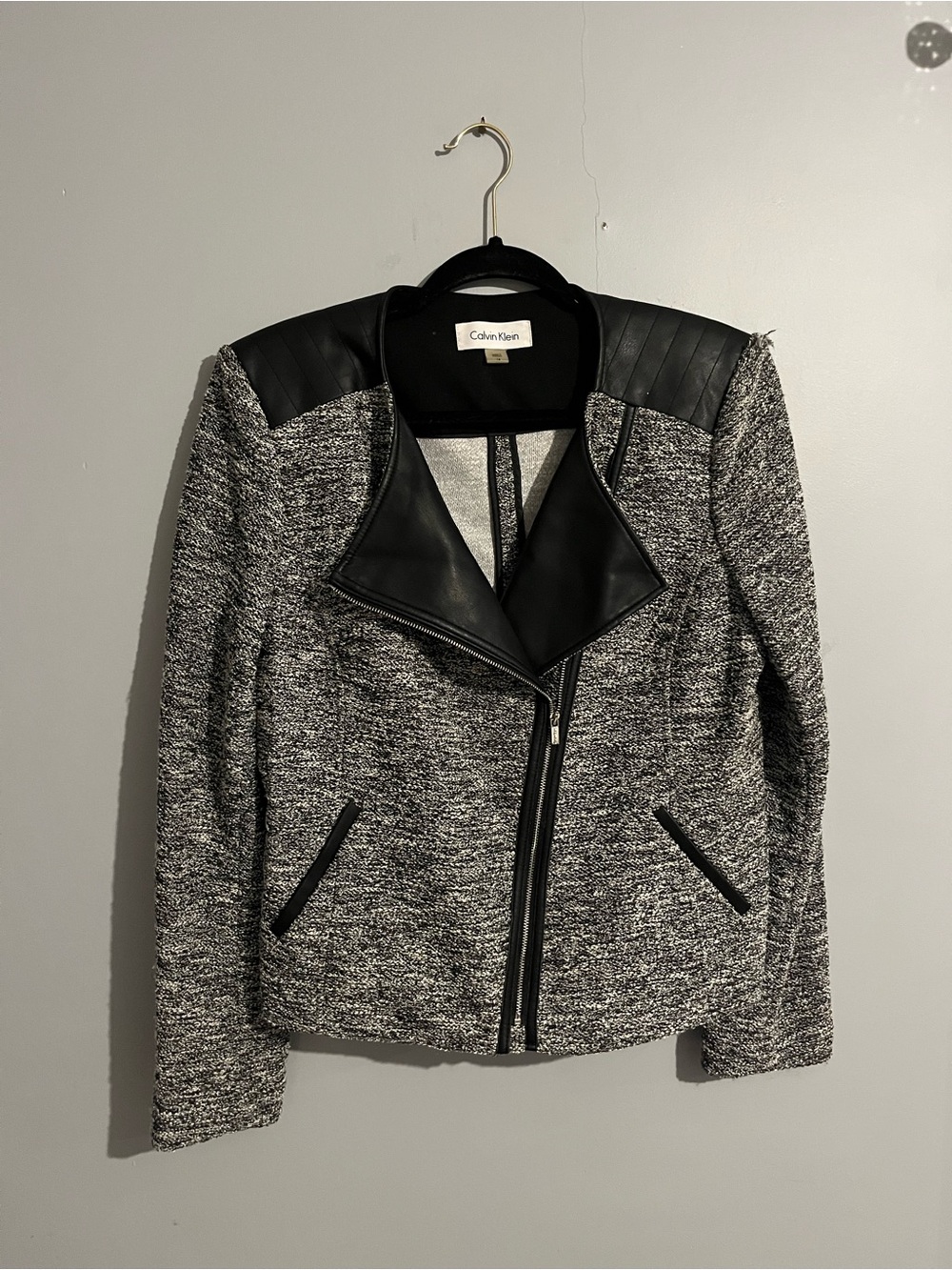 Calvin Klein Black & Gray Tweed Moto-Style Jacket size 14 faux leather office